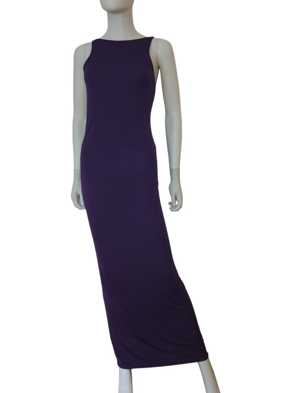 Late 1990s Yigal Azrouël Backless Slinky Purple Bodycon Gown